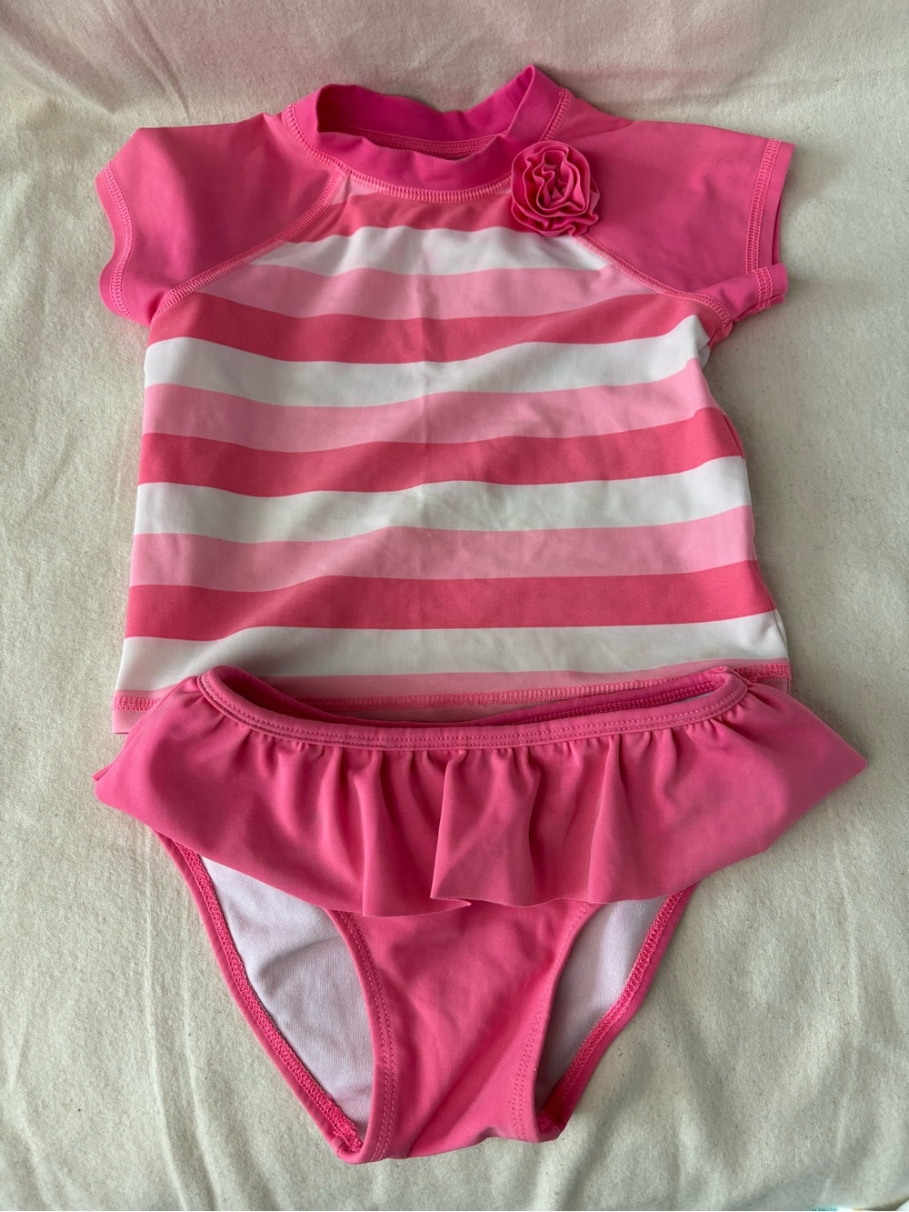Circo Toddler Girl Pink and White Striped Rash Guard Bikini Set Swim Flower 3T